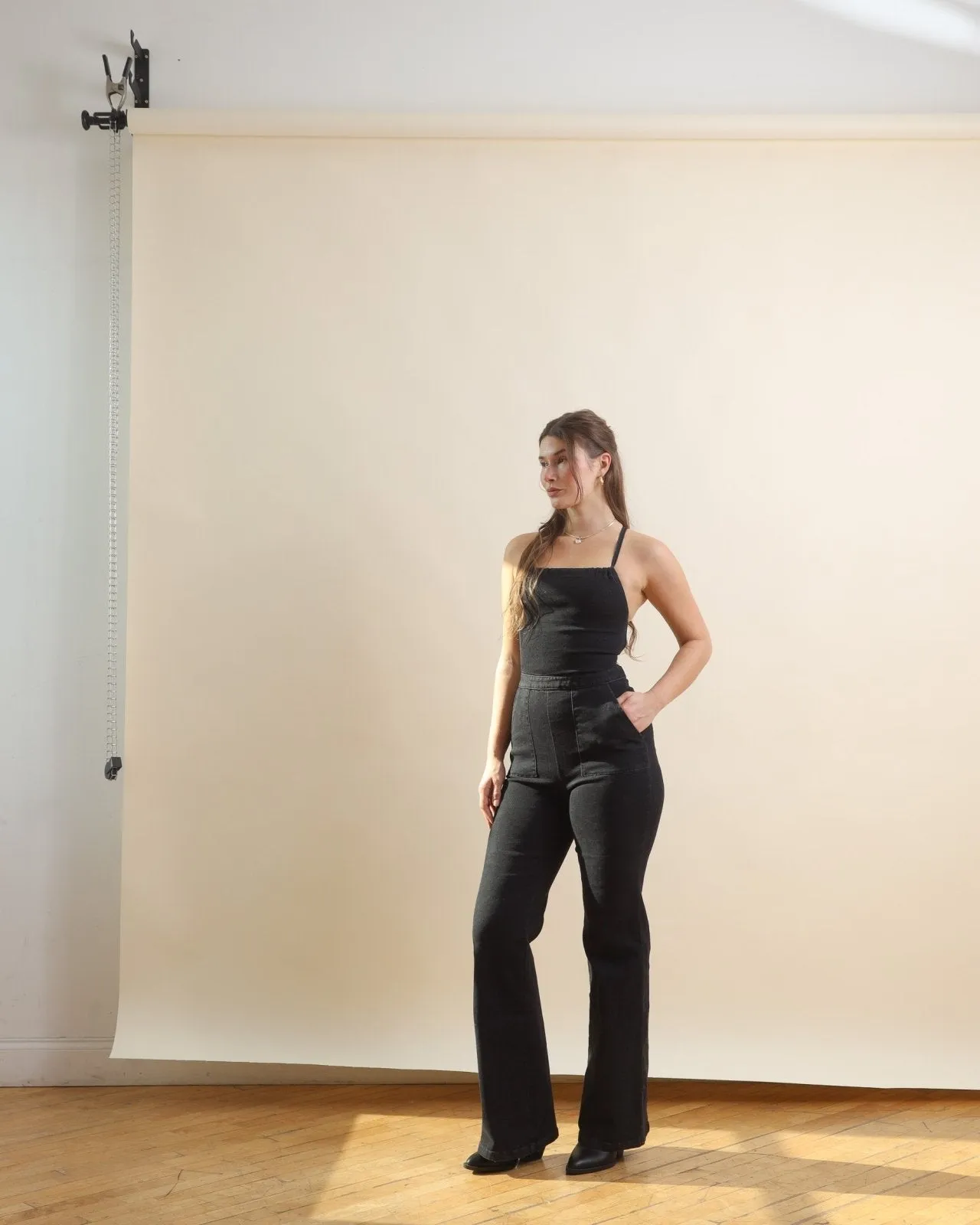 Black Lace Up Backless Flared Denim Jumpsuit