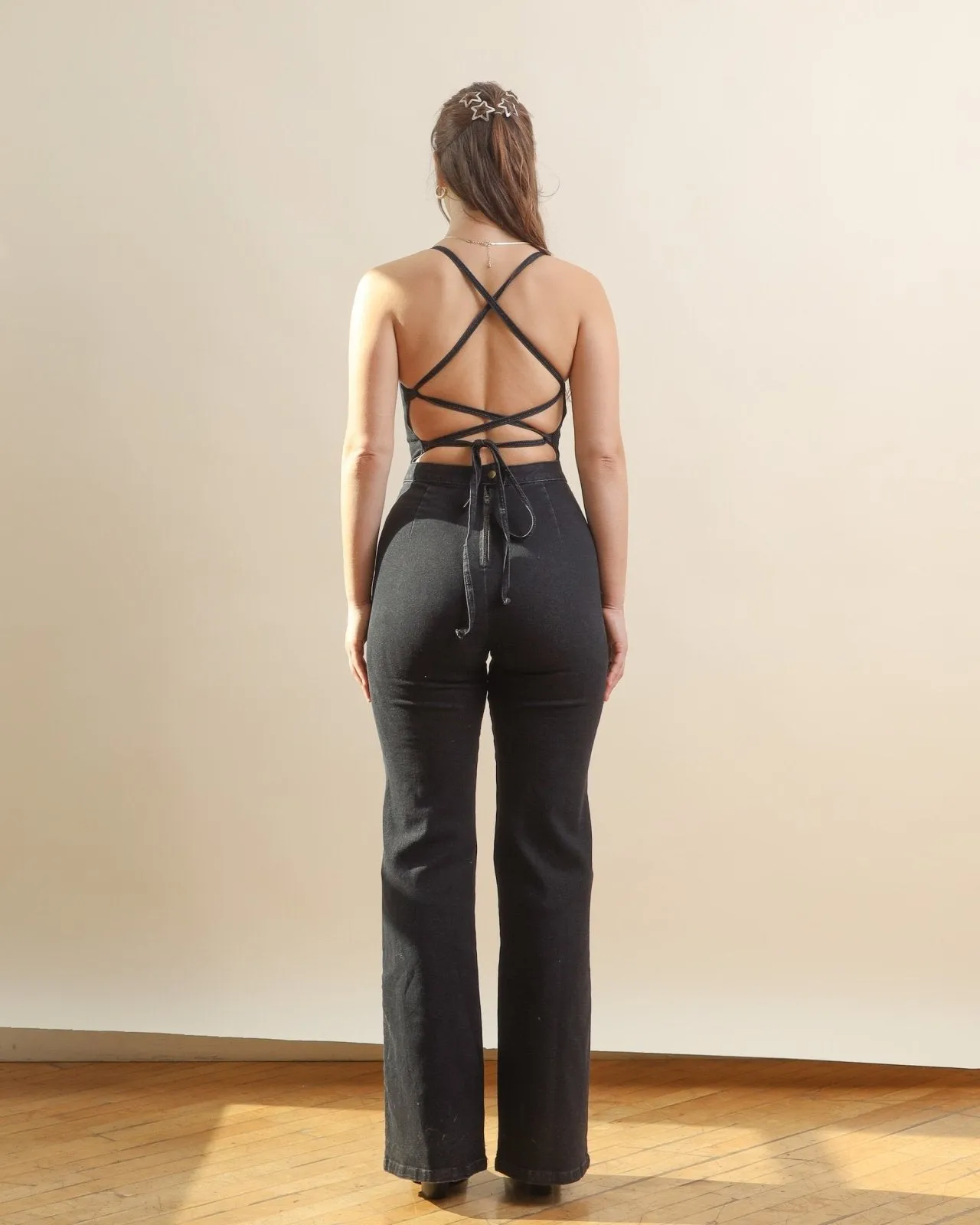 Black Lace Up Backless Flared Denim Jumpsuit