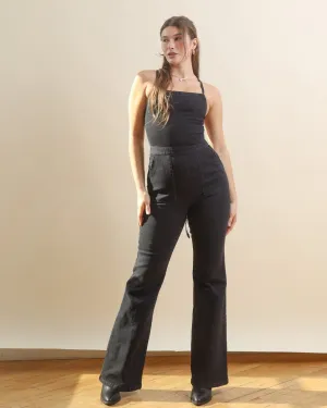 Black Lace Up Backless Flared Denim Jumpsuit