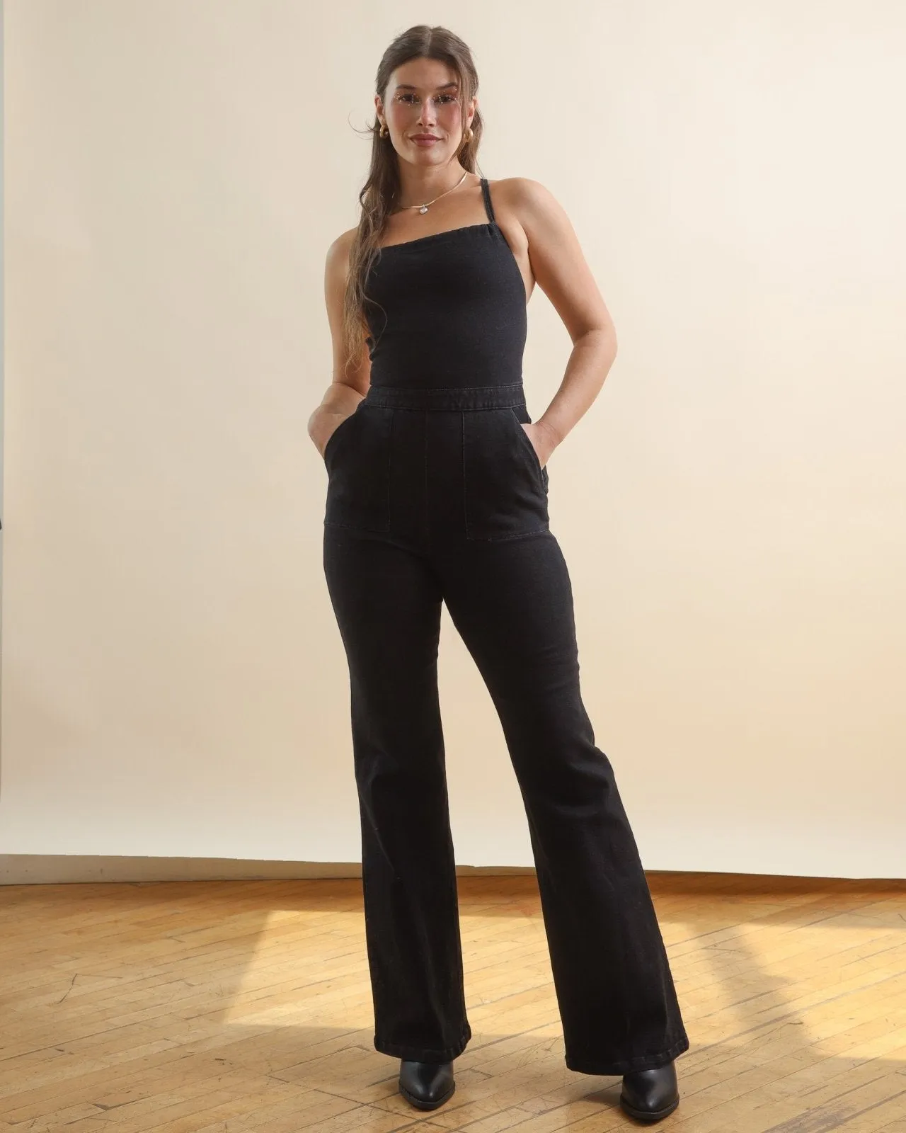 Black Lace Up Backless Flared Denim Jumpsuit
