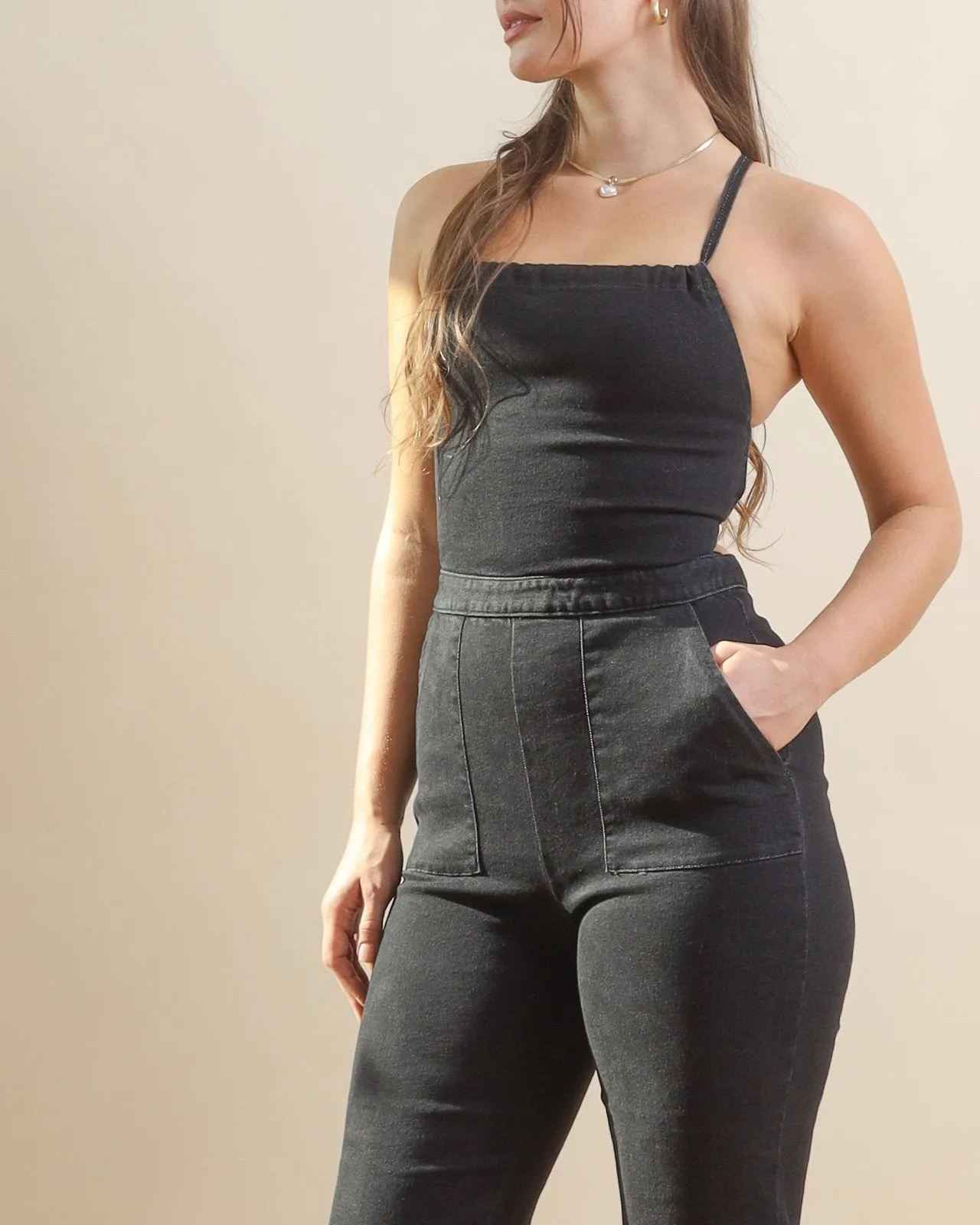 Black Lace Up Backless Flared Denim Jumpsuit