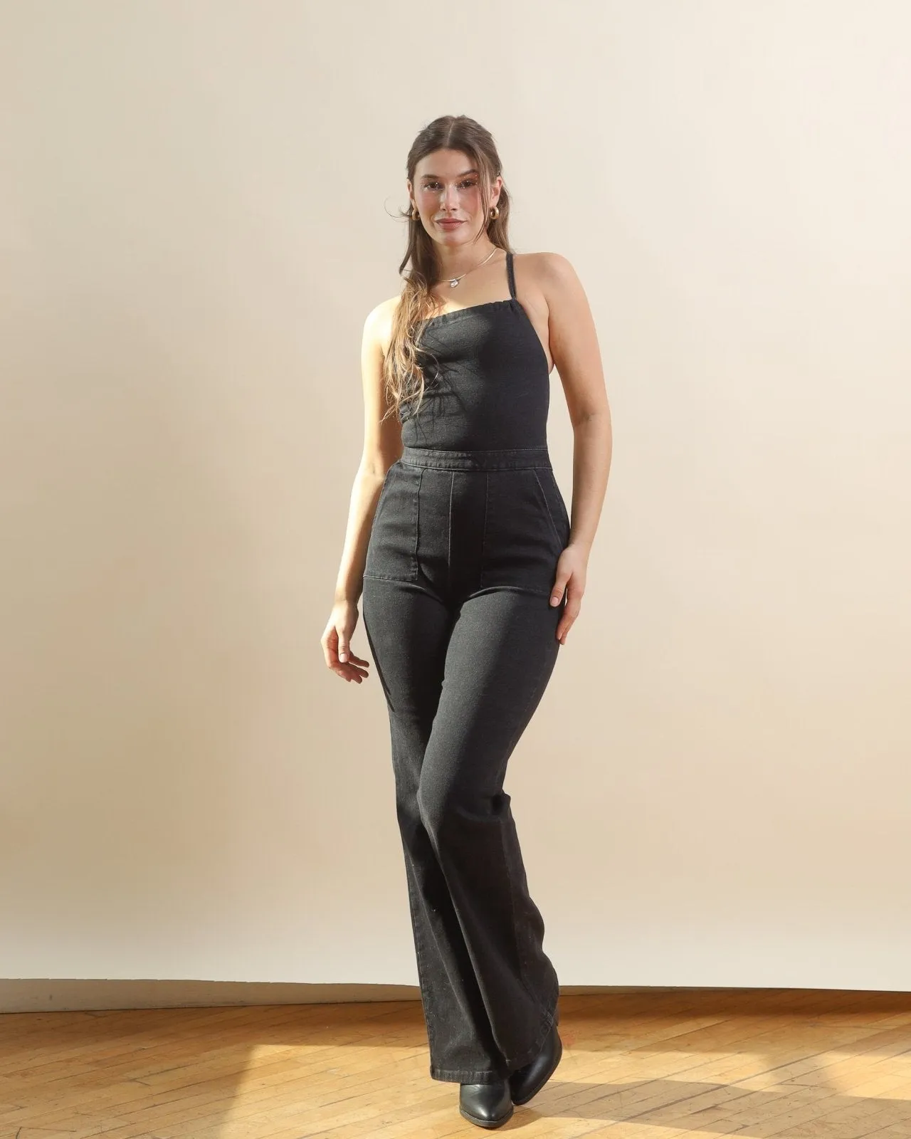 Black Lace Up Backless Flared Denim Jumpsuit