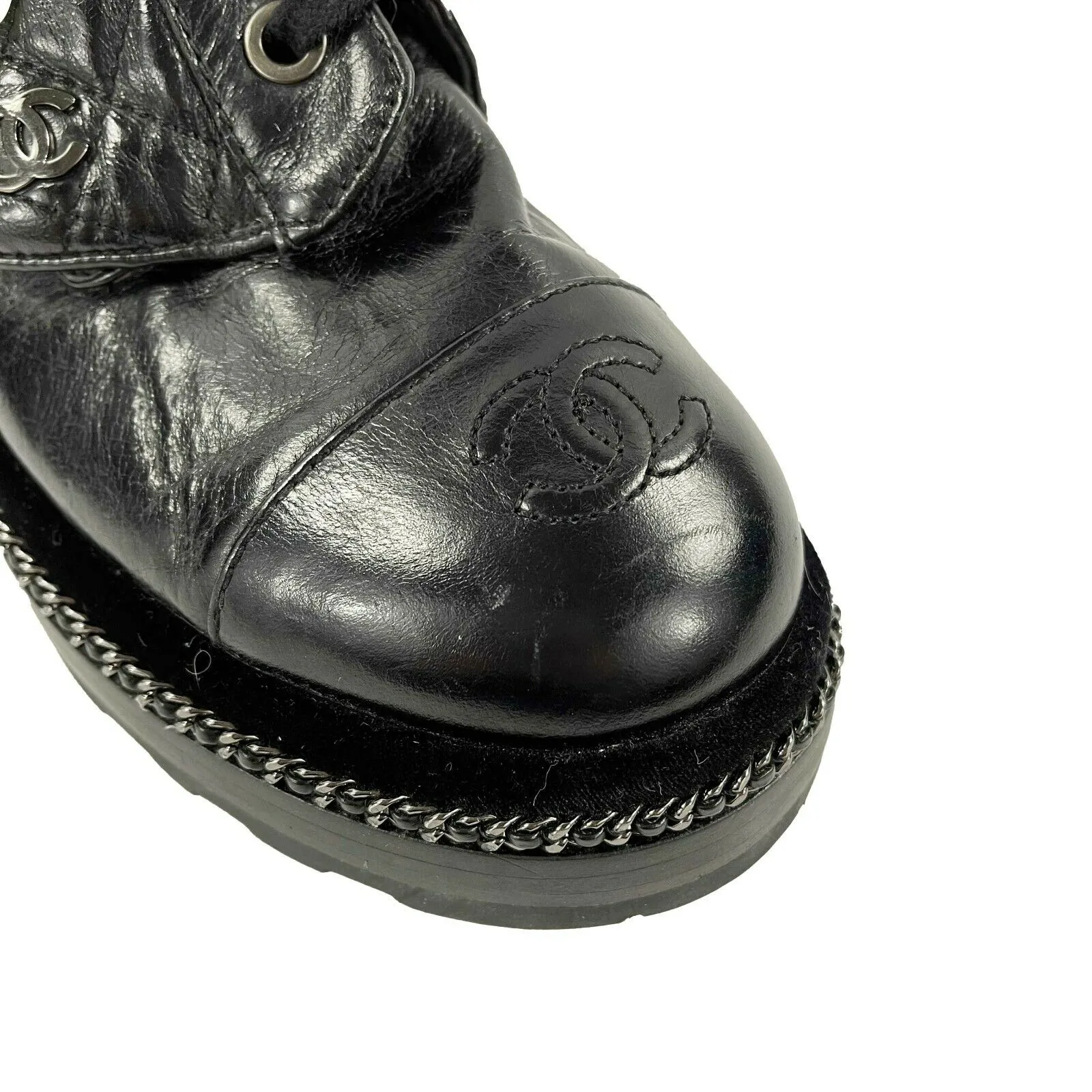 CHANEL Black Leather Combat Boots with Trim and Faux Pearl CC Details - SZ 36- 6