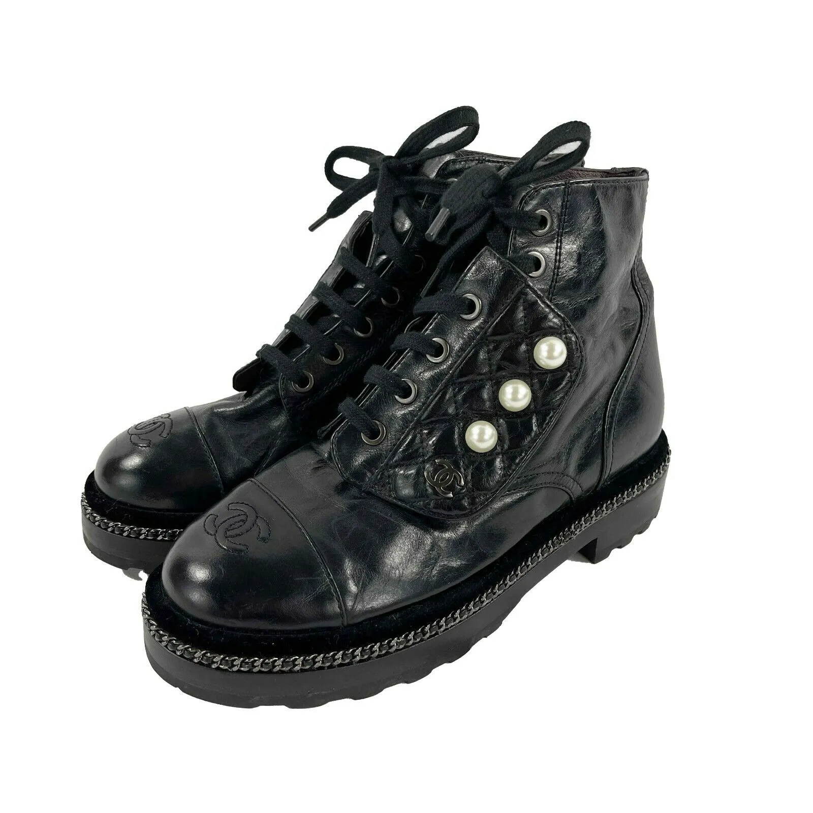 CHANEL Black Leather Combat Boots with Trim and Faux Pearl CC Details - SZ 36- 6