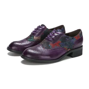 CrazycatZ Women's Leather Oxford Shoes Colorful Leather Oxfords Vintage Lace up Shoes Purple