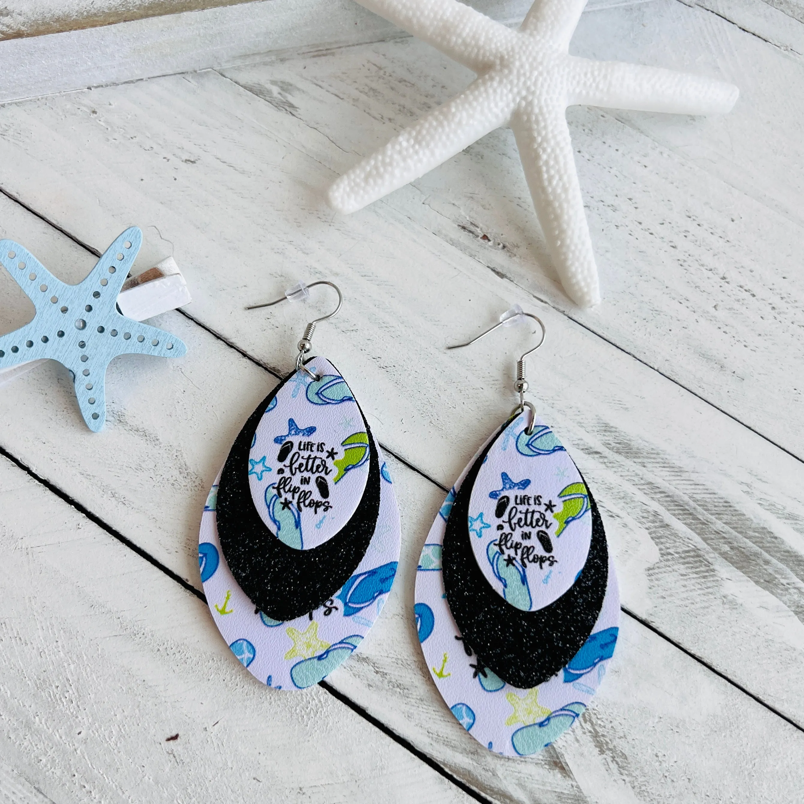 Fancy Flip Flops Faux Leather Teardrop Ear Bling Two Styles Available
