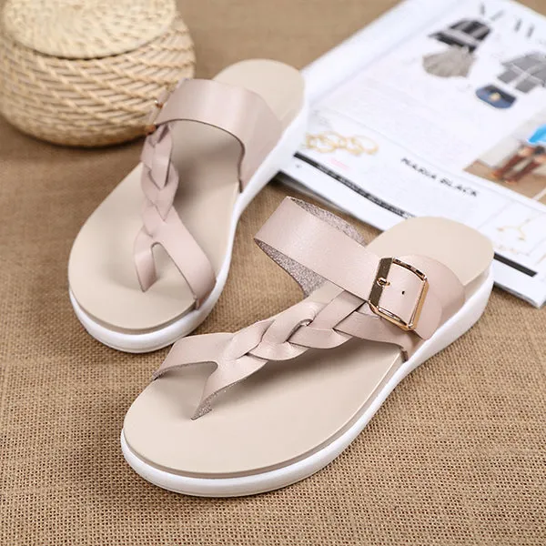 Leather Knitting Buckle Clip Toe Flat Flip Flops