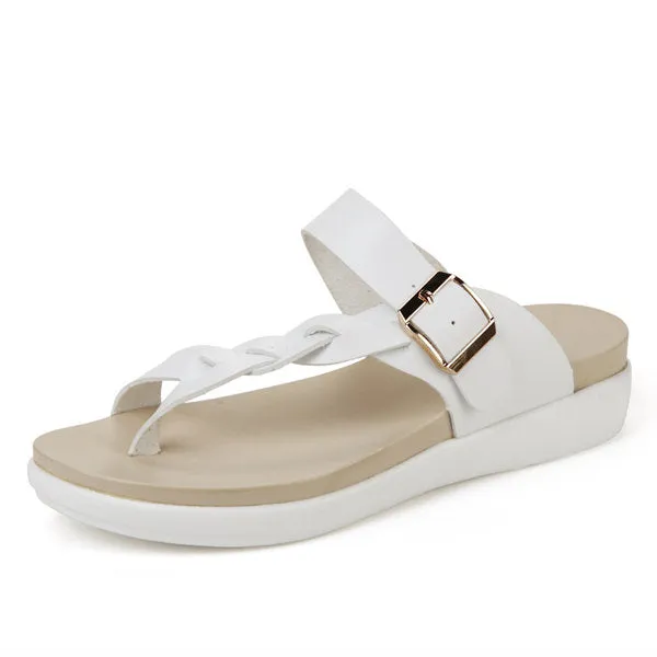 Leather Knitting Buckle Clip Toe Flat Flip Flops