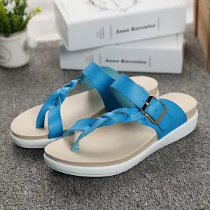 Leather Knitting Buckle Clip Toe Flat Flip Flops