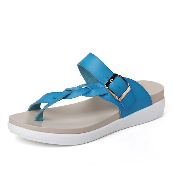 Leather Knitting Buckle Clip Toe Flat Flip Flops