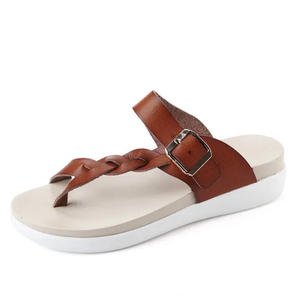 Leather Knitting Buckle Clip Toe Flat Flip Flops