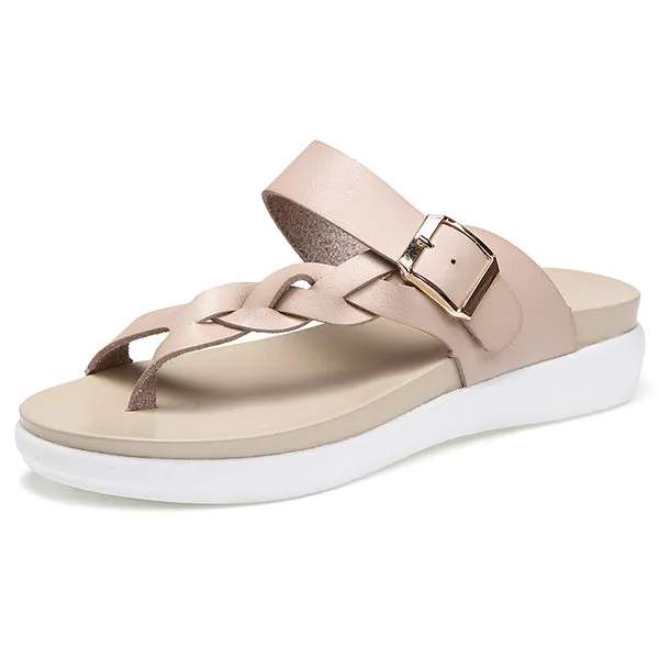 Leather Knitting Buckle Clip Toe Flat Flip Flops