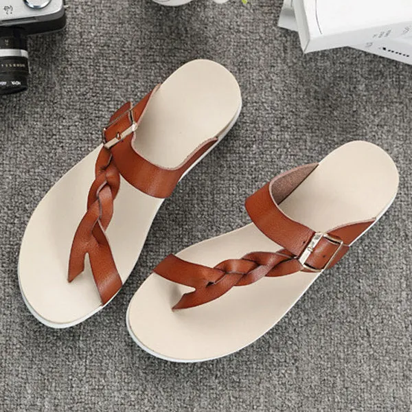 Leather Knitting Buckle Clip Toe Flat Flip Flops