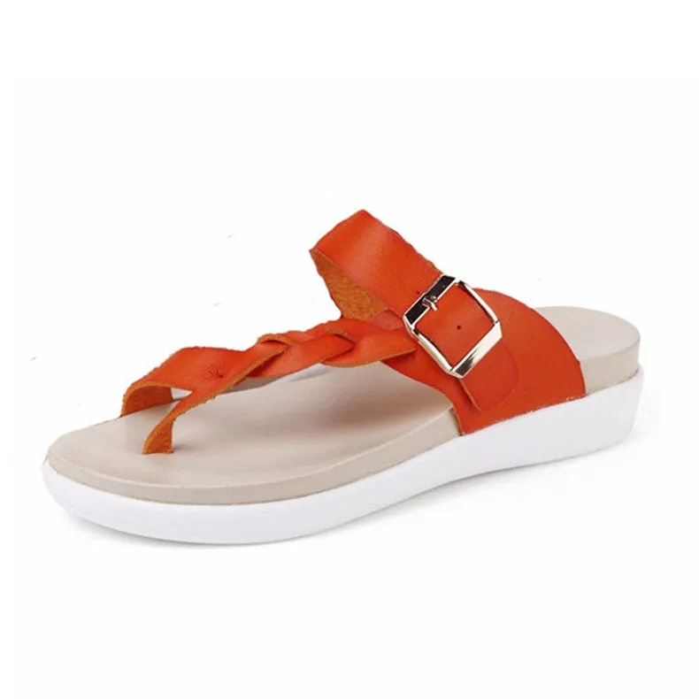 Leather Knitting Buckle Clip Toe Flat Flip Flops