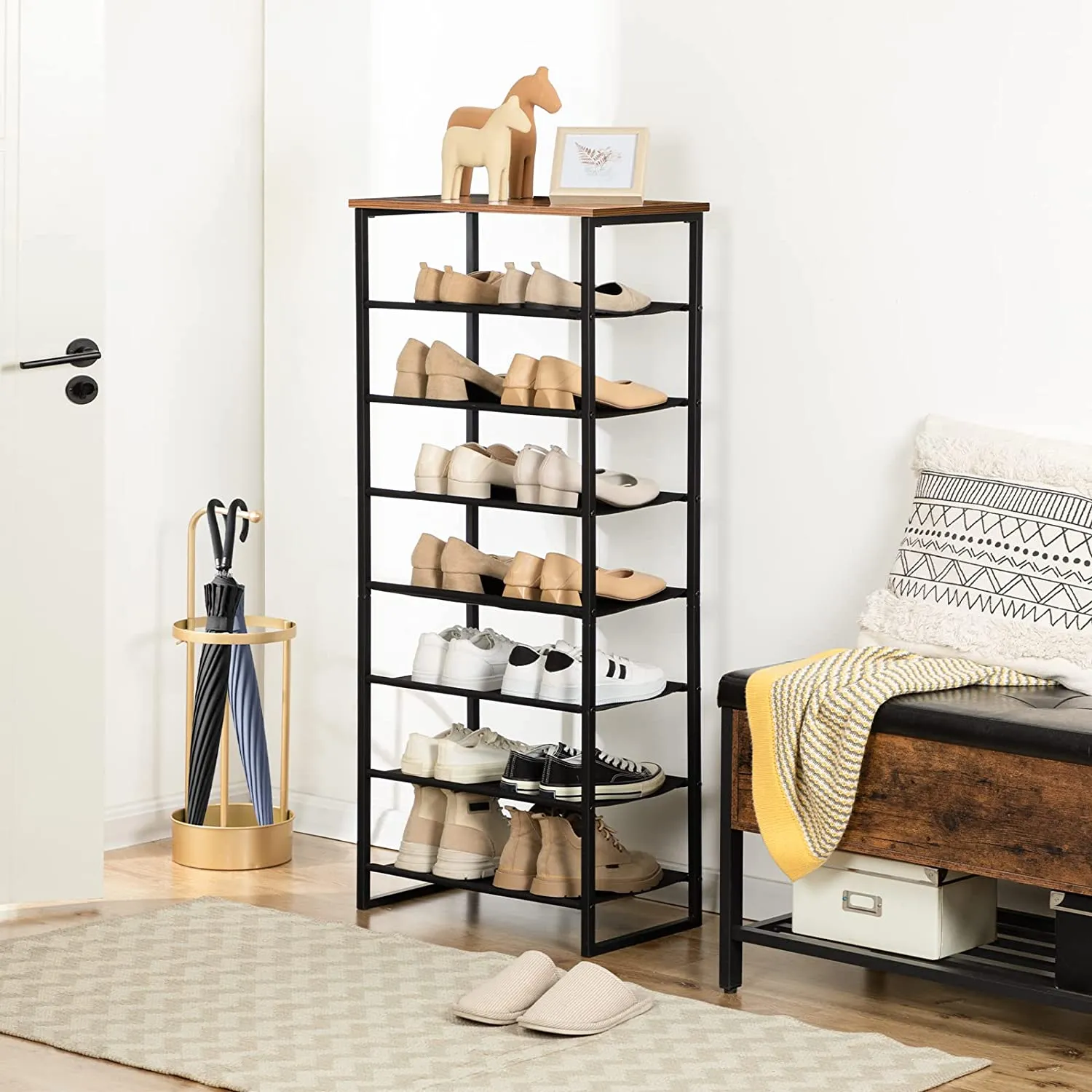 Narrow Shoe Rack, 8 Tier Tall Shoe Organizer with 7 Fabric Shelves, Metal Frame, Shoe Storage