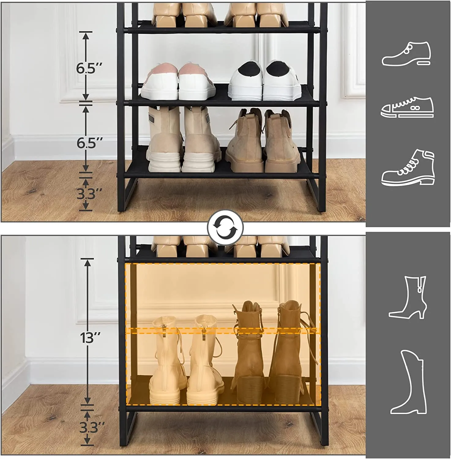 Narrow Shoe Rack, 8 Tier Tall Shoe Organizer with 7 Fabric Shelves, Metal Frame, Shoe Storage
