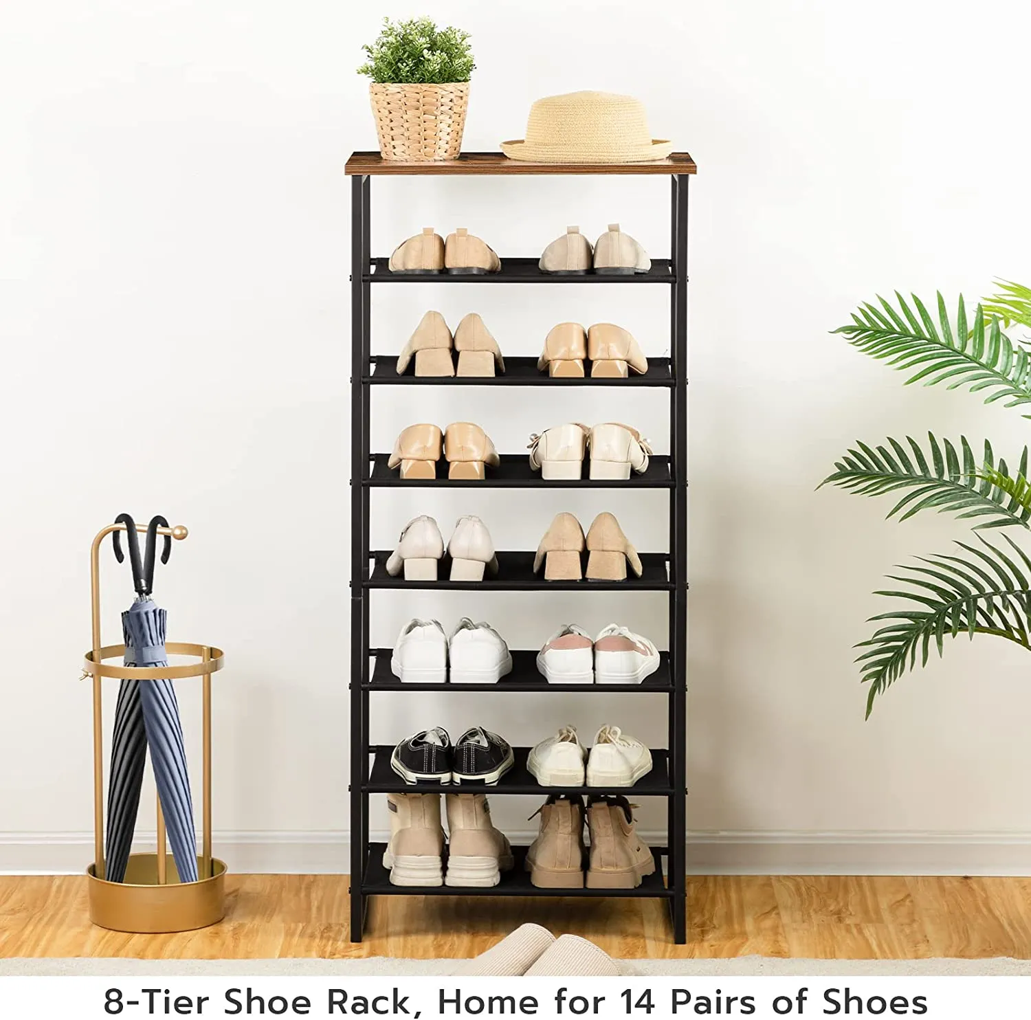 Narrow Shoe Rack, 8 Tier Tall Shoe Organizer with 7 Fabric Shelves, Metal Frame, Shoe Storage