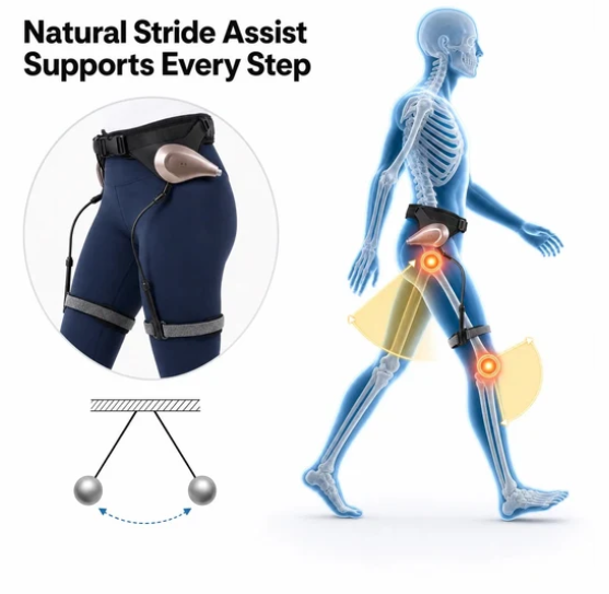 StrideJoy worn around the waist and legs, with a diagram of the support movement